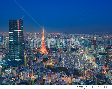 東京_冬色の東京タワーライトアップと大都会の絶景夜景風景 102326140