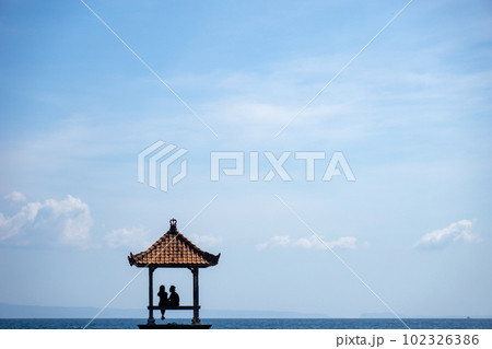 海辺の公園でデートをするカップルの微笑ましい風景 102326386