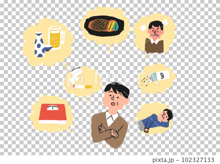 生活習慣病予備軍の男性が自分の生活について思い浮かべるイラスト 生活習慣病予備軍の男性が自分の生活について思い浮かべるイラスト 102327133