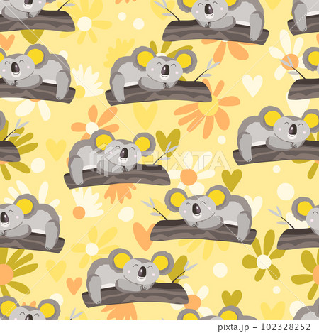 Seamless pattern with cute koala baby on color background. Funny australian animals. Card, postcards for kids. Flat vector illustration for fabric, textile, wallpaper, poster, paper 102328252