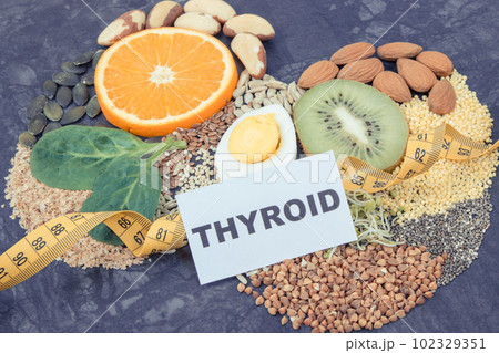 Nutritious ingredients, fruits and vegetables in shape of thyroid 102329351