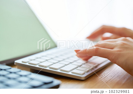 ノートパソコンを操作する女性の手元 ノートパソコンを操作する女性の手元 102329981