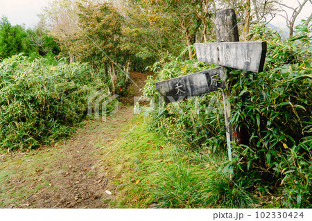 岡山県最高峰の後山への東粟倉ルートの分岐点と道しるべ　岡山県美作市・兵庫県宍粟市 102330424
