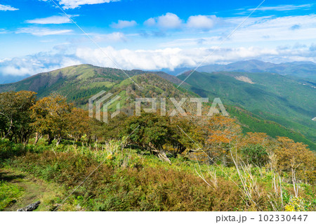 船木山から駒の尾山への登山道から見た中国山地の山並み　岡山県美作市・兵庫県宍粟市 102330447