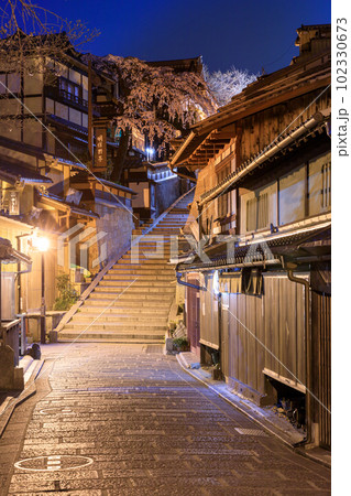 京都_産寧坂（三年坂）に咲く満開の枝垂れ桜 102330673