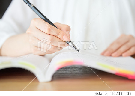テキストを使って勉強する女性の手元 テキストを使って勉強する女性の手元 102331133