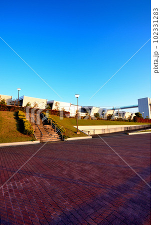 東京　豊洲市場及びレインボーブリッジの風景 102331283