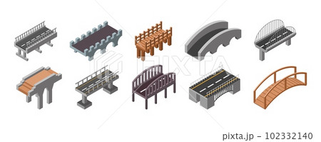 3D isometric road. Bridge construction. River footbridge. Concrete viaduct rail in perspective. Wooden or stone. Drawbridge with asphalt carriageway. Vector city landscape elements set 102332140