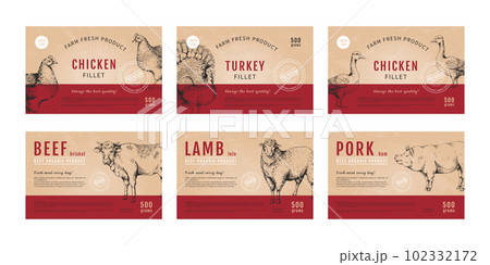 Meat package. Chicken and turkey, beef lamb and pork label, farm food design. Craft butcher icon, card layout or sticker. Packaging design with text and animal sketch illustration. Vector set 102332172