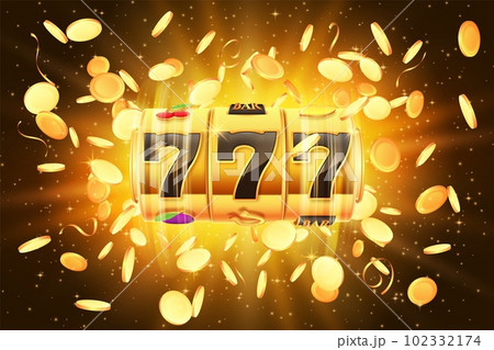 Casino win slot. Big gold coin flying, golden game spin machine, online jackpot, yellow money falling with confetti and sparkles, chance in 777 play for prize. Gambling banner vector design 102332174