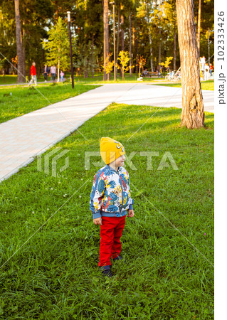 Young boy is walking through wheat field at sunset Young boy is walking through wheat field at sunset 102333426