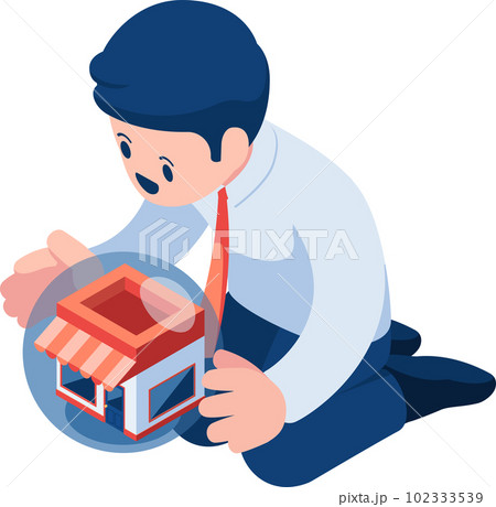 Isometric Businessman Holding and Protect His Business 102333539