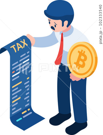 Isometric Businessman Holding Bitcoin and Tax Document 102333540
