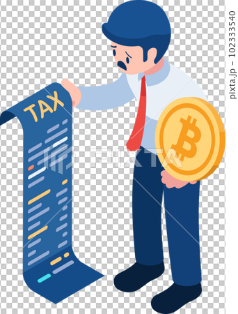 Isometric Businessman Holding Bitcoin and Tax Document 102333540