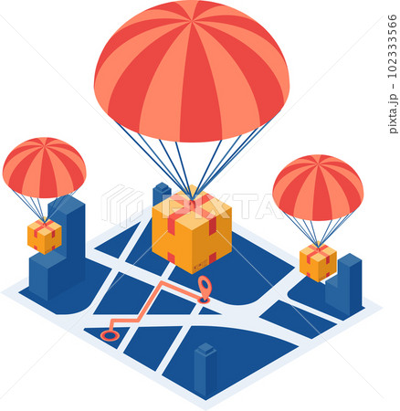 Isometric Parcel with Parachute Drop on City Map 102333566