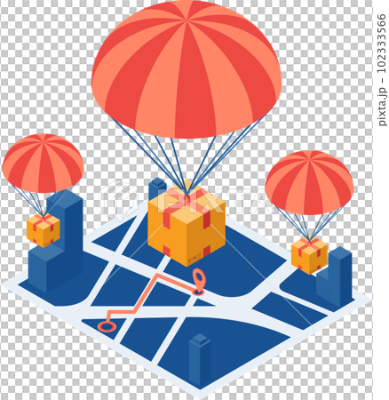 Isometric Parcel with Parachute Drop on City Map 102333566