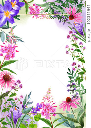 Field flowers watercolor greeting card template, pink and violet tints 102333943