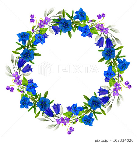 Wild flowers wreath with gentian and viola, hand drawn watercolor 102334020