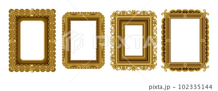 Vintage gold frame, realistic square picture. Royal antique decoration for photo, old style golden borders, luxury thai or rococo ornate. Museum exhibition retro framework vector exact isolated design 102335144