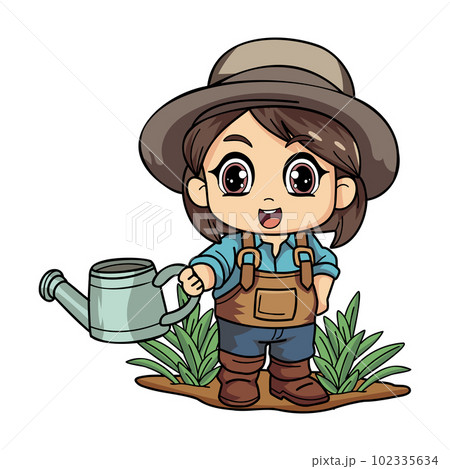 Happy female Farmer with a watering can character illustration in doodle style 102335634