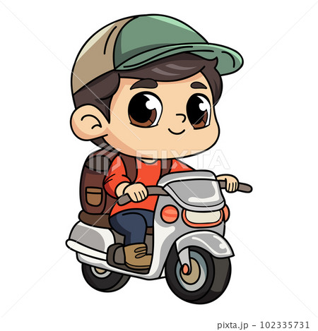 Happy delivery man with scooter character illustration in doodle style 102335731