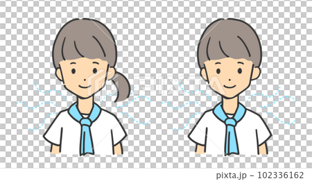 首に冷たいタオルを巻く男女 102336162