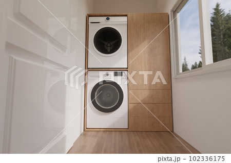 3D rendering laundry room on ground floor, washing machine, dryer, cabinet for towels, napkins, toilet paper, household chemicals 3D rendering laundry room on ground floor, washing machine, dryer, cabinet for towels, napkins, toilet paper, household chemicals 102336175