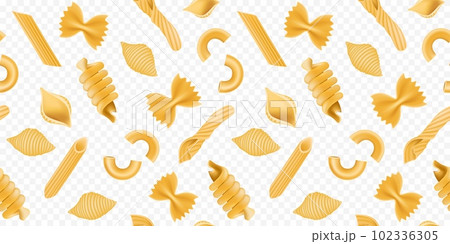 Pasta pattern, penne and macaroni, noodle background. Italian food, retro kitchen texture for restaurant and product packaging, traditional cuisine production. Wrapping paper. Vector seamless design Pasta pattern, penne and macaroni, noodle background. Italian food, retro kitchen texture for restaurant and product packaging, traditional cuisine production. Wrapping paper. Vector seamless design 102336305