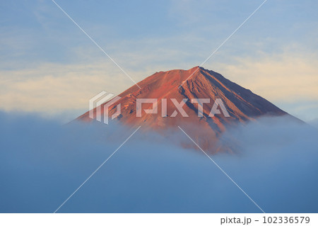 山梨河口湖_雲海から頭を出す赤富士の絶景 102336579