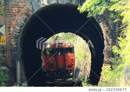 津山線　短いトンネルの向こうに顔を出したたらこ色のキハ47気動車 102336673