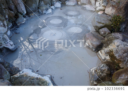 Oniishi bozu jigoku is landmark in beppu,Japan. the gray mud pool 102336691