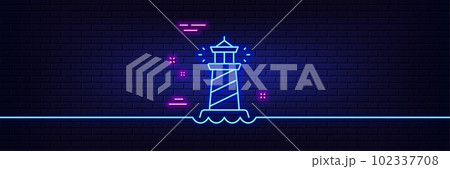 Neon light glow effect. Lighthouse line icon. Searchlight tower sign. Beacon symbol. 3d line neon glow icon. Brick wall banner. Lighthouse outline. Vector 102337708