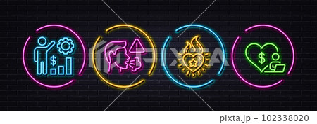 Heart flame, Cough and Employees wealth minimal line icons. Neon laser 3d lights. Volunteer icons. For web, application, printing. Love fire, Flu symptom, Results chart. Social care. Vector 102338020