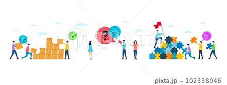 Lingerie, Dry t-shirt and Scissors minimal line icons. People characters with puzzle, delivery parcel. Clean t-shirt icons. For web, application, printing. Vector 102338046