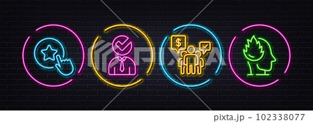 Loyalty star, Teamwork and Vacancy minimal line icons. Neon laser 3d lights. Stress icons. For web, application, printing. Bonus reward, Employees chat, Businessman concept. Mind anxiety. Vector 102338077