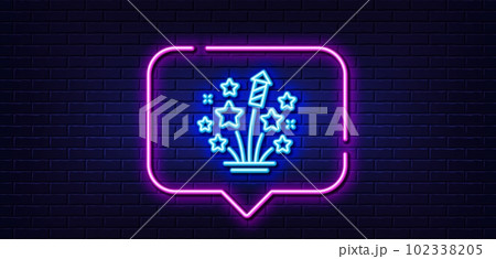 Neon light speech bubble. Fireworks stars line icon. Pyrotechnic salute sign. Carnival celebration lights symbol. Neon light background. Fireworks stars glow line. Brick wall banner. Vector 102338205