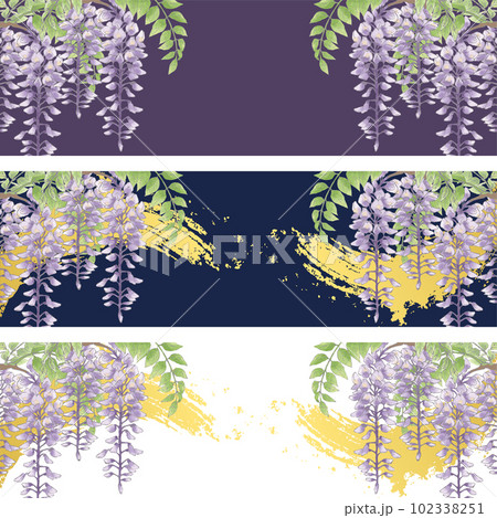 バナー　フレーム　藤の花　藤棚　水彩　手描き　和風　和柄　背景　イラスト素材セット 102338251