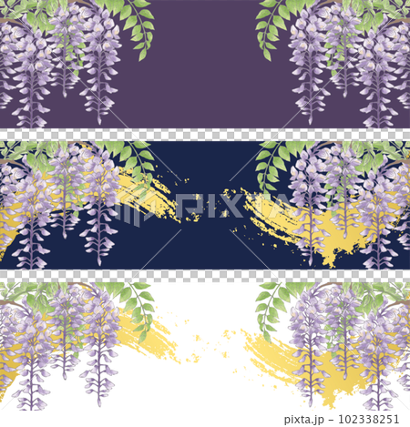 バナー　フレーム　藤の花　藤棚　水彩　手描き　和風　和柄　背景　イラスト素材セット 102338251