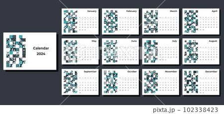 Calendar 2024 geometric patterns. Monthly calendar template for 2024 year with geometric shapes. Calendar 2024 geometric patterns. Monthly calendar template for 2024 year with geometric shapes. 102338423