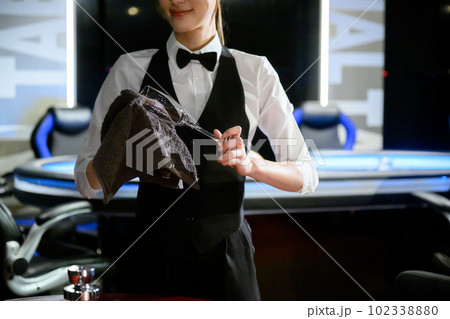 美女のバーテンダーグラスを拭く　顔無し	 102338880