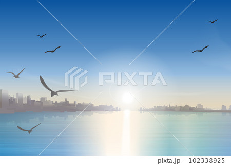 都会の夜明けとカモメのシルエットのイラスト 102338925