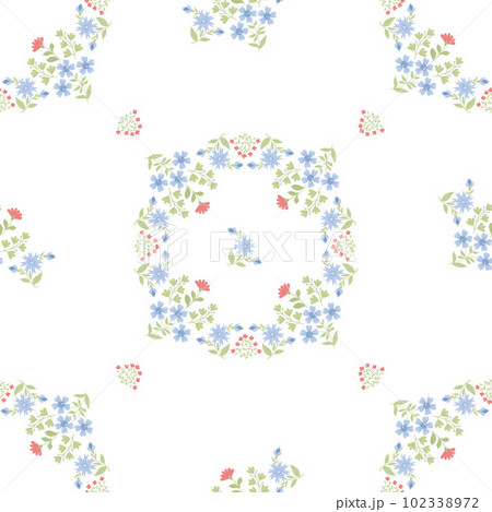 Floral geometric seamless pattern. Floral square frame from branches, plants, flowers and cornflowers on white background. Vector illustration in flat style. Floral geometric seamless pattern. Floral square frame from branches, plants, flowers and cornflowers on white background. Vector illustration in flat style. 102338972