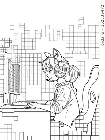 Girl gamer or streamer with a headset sits in front of a computer Girl gamer or streamer with a headset sits in front of a computer 102339472