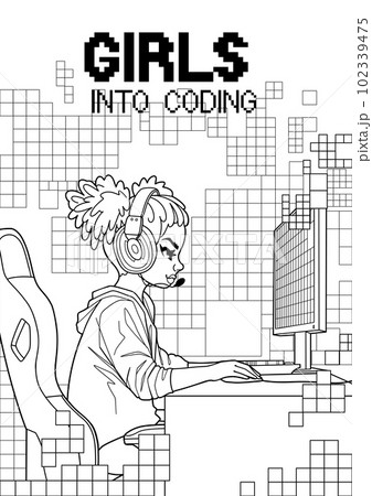 African girl gamer or streamer with a headset sits in front of a computer 102339475