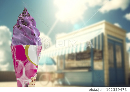 Soft purple Ice cream with cone. delicious summer snack,Caramel phistachios ice cream. Copy Space. Selective focus. luxurious ice cream shop background Blur with copy space 102339478