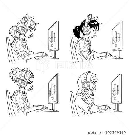 Girl gamer or streamer with a headset sits in front of a computer Girl gamer or streamer with a headset sits in front of a computer 102339510