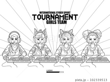 Diverse team of girls gamer or streamer with cat ears headset sits in front of a computers Diverse team of girls gamer or streamer with cat ears headset sits in front of a computers 102339513
