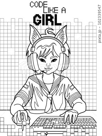 Asian girl gamer or streamer with cat ears headset sits in front of a computer 102339547