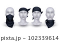 Bandana set. Realistic buff and scarf on mannequin. Face mask mockup on head or neck, black handkerchief for gangster or biker man. Different wearing options. Modern accessory  exact template 102339614