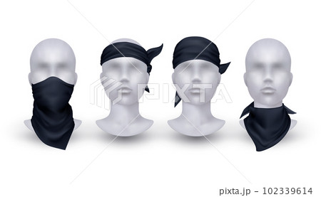 Bandana set. Realistic buff and scarf on mannequin. Face mask mockup on head or neck, black handkerchief for gangster or biker man. Different wearing options. Modern accessory exact template Bandana set. Realistic buff and scarf on mannequin. Face mask mockup on head or neck, black handkerchief for gangster or biker man. Different wearing options. Modern accessory exact template 102339614